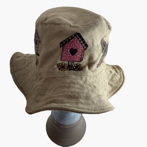Handmade Accessories - Bucket Hat Cap Birdhouse Garden Khaki Linen Floppy Brim Womens